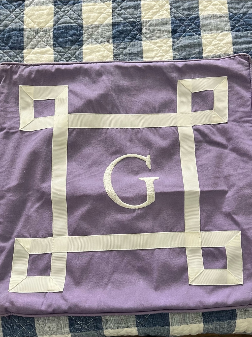 Pottery Barn Teen Lavender Pillow Cover with Cream Trim and 'G' Monogram